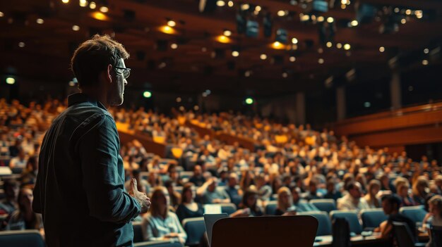 An inspirational coach giving a speech from behind Generative AI