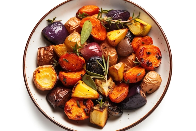 Inspirational highangle shot of a plate filled with colorful roasted vegetables artistically