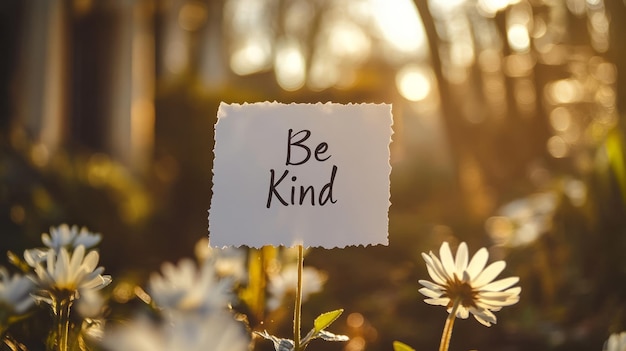 Photo inspirational message be kind written in cursive amid blooming flowers encouraging compassion