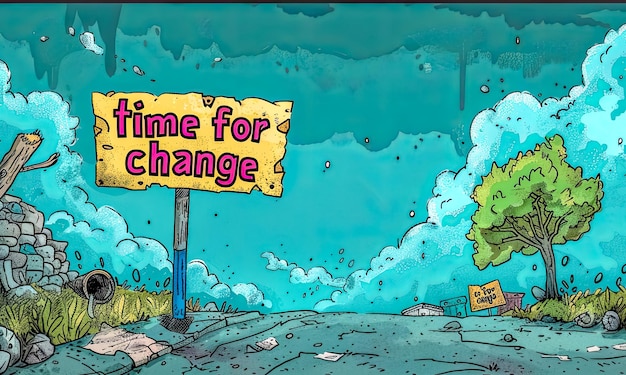 Inspirational time for change signpost in whimsical landscape