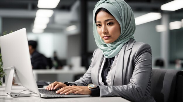 Inspire confidence and success with a pro photo featuring an Asian businesswoman in a hijab engaged