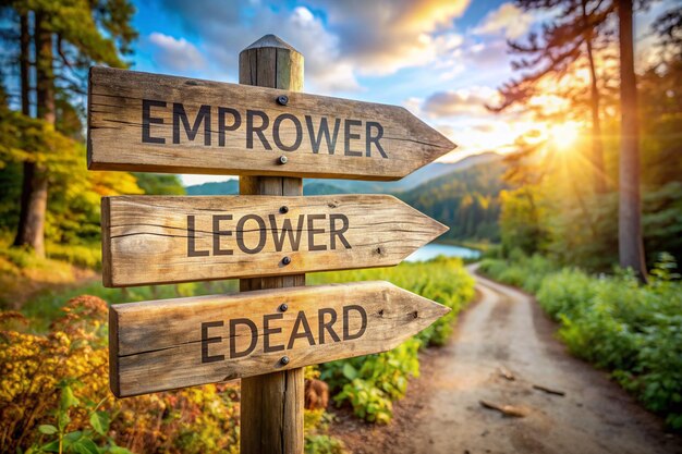 Photo inspire empower lead text engraved on wooden signpost outdoors in nature panorama format