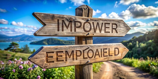 Inspire empower lead text engraved on wooden signpost outdoors in nature Panorama format