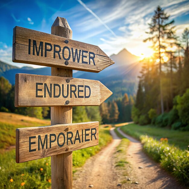 Inspire empower lead text engraved on wooden signpost outdoors in nature Panorama format