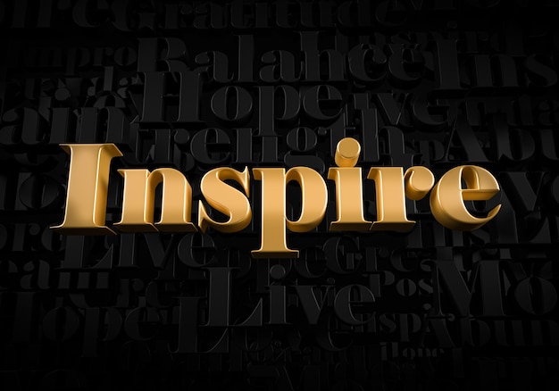 Inspire  Gold text on black text background  Motivational word 3D rendered picture