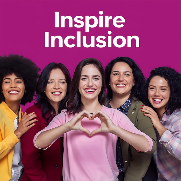 Inspire inclusion campaign pose International Womens Day 2024 theme banner Smiling diverse women