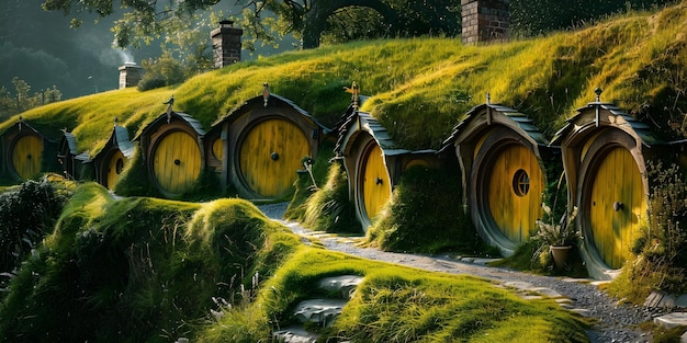 Photo inspired by lord of the rings a hobbit village with round doors and grasscovered roofs concept fantasy architecture hobbit homes middleearth inspirations magical dwellings