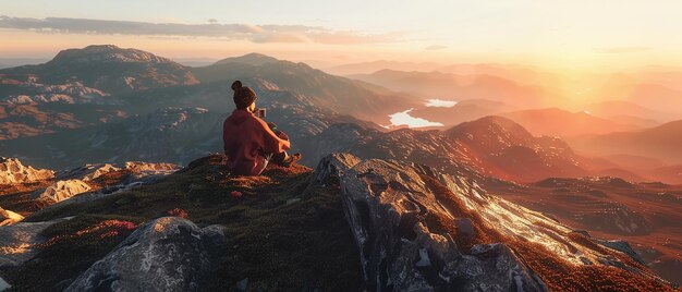 Photo inspired photographer enjoying tea on remote mountain