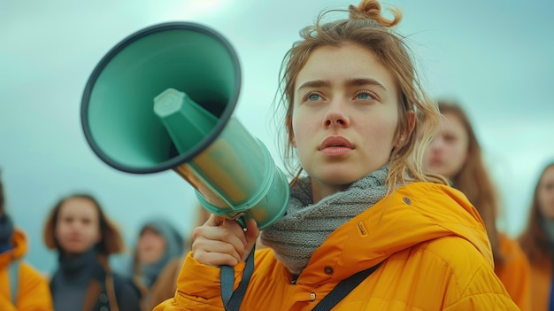 Photo inspired young activist rallying support for environmental change in a vibrant yellow jacket