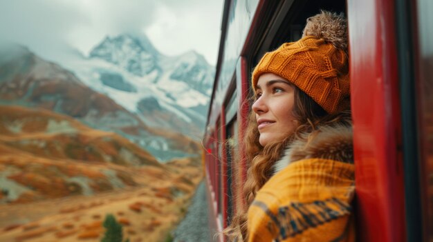 Photo inspiring female traveler and travel blogger looks out the window of a tourist train in beautiful mountains