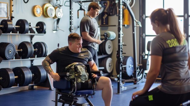 Photo inspiring fitness trainer coaching individuals with disabilities