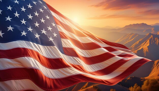 An inspiring image of the American flag waving proudly against a backdrop of a warm sunset sky