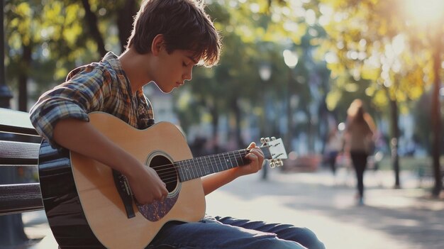 Inspiring Image of a Teenager Playing Guitar on a Park Bench for Creative Inspiration and Musical Themes