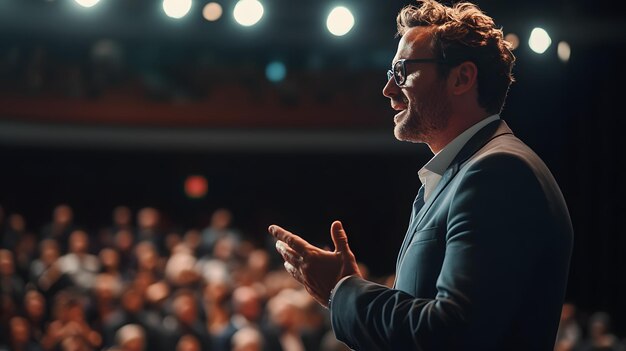 Photo inspiring leadership business executive giving a speech at a large conference concept