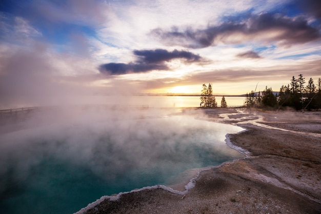 Inspiring natural. Wooden boardwalk along geyser fields  in Yellowstone National Park, USA.