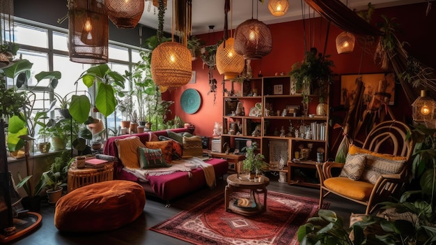 Inspiring office interior design Bohemian style Coworking featuring Hanging plants architecture Generative AI AIG 31