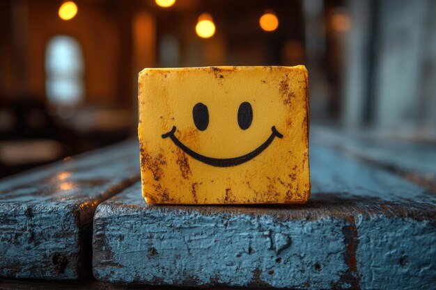 Photo inspiring positive vibes with a bright yellow sticky note and smiley face in a modern workspace