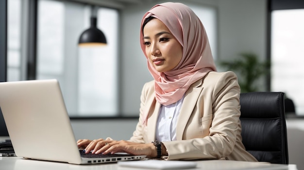 An inspiring stock photo of an Asian businesswoman wearing a hijab typing on her laptop at an aesth