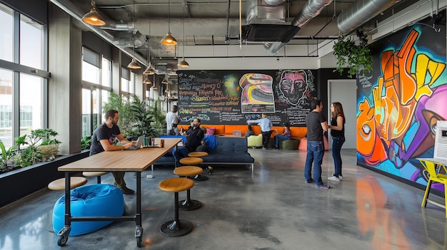 Inspiring Workspace with Artistic Murals Cozy Bean Bags and Active Discussions Among Staff