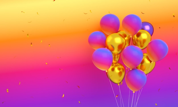 Instagram balloons floating with confetti isolated for happy birthday background 3d