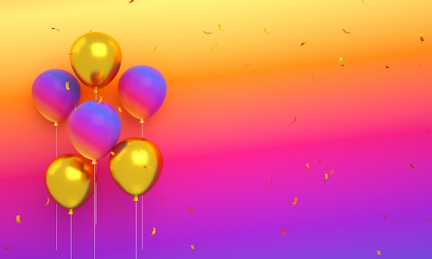 Instagram balloons floating with confetti isolated for happy birthday background 3d