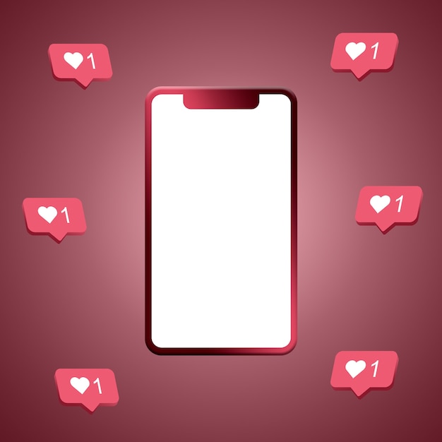 Instagram hearts around phone screen 3d rendering