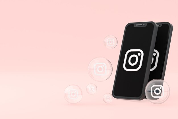 Instagram icon on screen smartphone or mobile and instagram reactions love 3d render on pink background