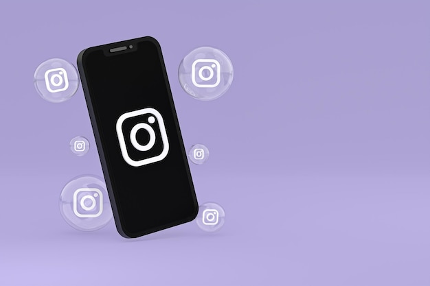 Instagram icon on screen smartphone or mobile and instagram reactions love 3d render on purple background