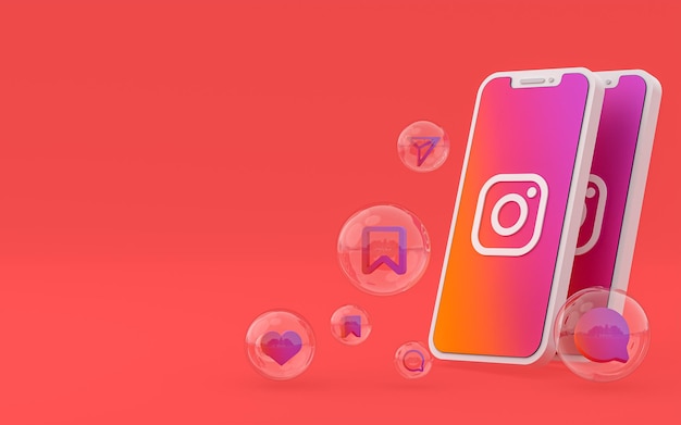 Instagram icon on screen smartphone or mobile and instagram reactions love 3d render