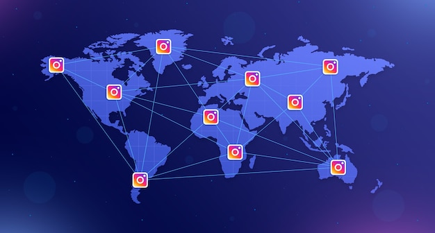 Instagram icons on the world map on all continents interconnected on blue background with glare 3d