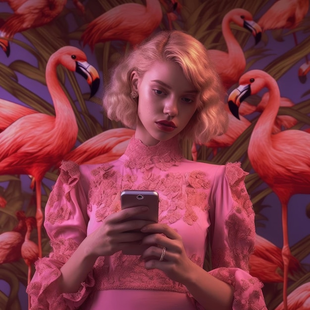 Instagram inspiration photo post a modern girl in pink dress with flamingo