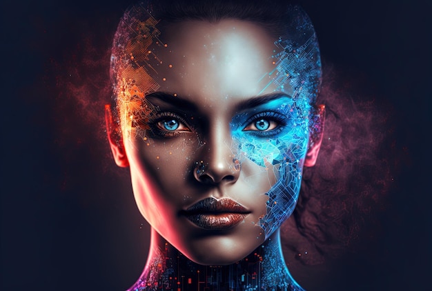 Instagram social media marketing using cyborg futuristic holograms in the form of a face