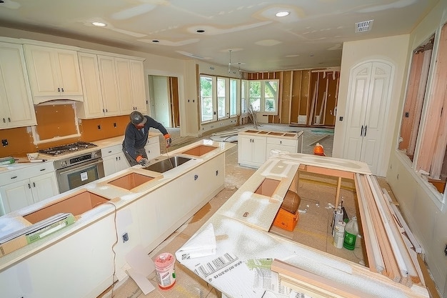 Photo installation of new countertop in contemporary kitchen by worker photography shot