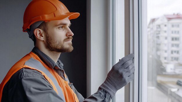 Photo installation worker with modern window profile sample