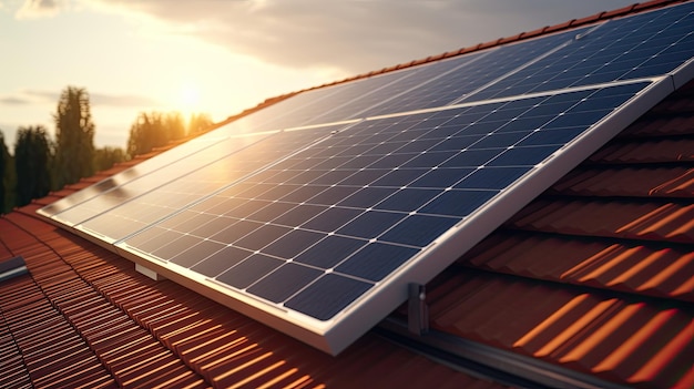 Installed solar panels on the roof of a house renewable energy energy saving Generative AI