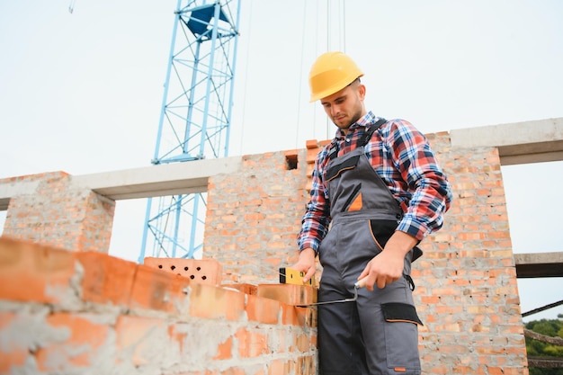 Installing brick wall Construction worker in uniform and safety equipment have job on building