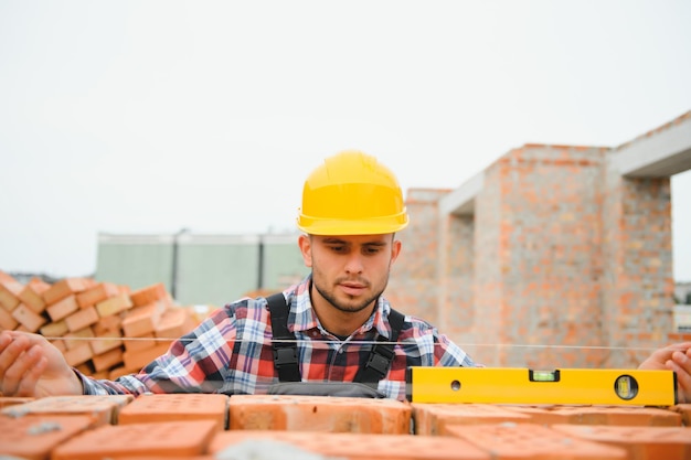 Installing brick wall Construction worker in uniform and safety equipment have job on building