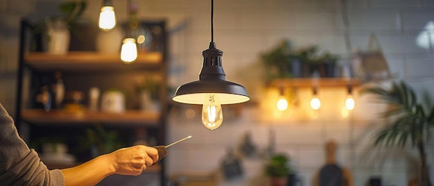 Photo installing light fixture in bright dining room with space for text in a stylish welllit setting