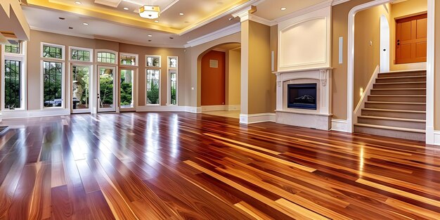 Photo installing a new hardwood floor in a vacant house with a large living room concept hardwood flooring installation home renovation large living room vacant house interior design