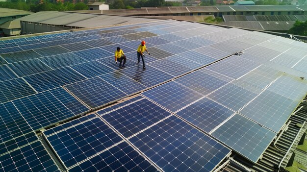 Installing a Solar Cell Workers installing solar cell farm power plant eco technology generative ai