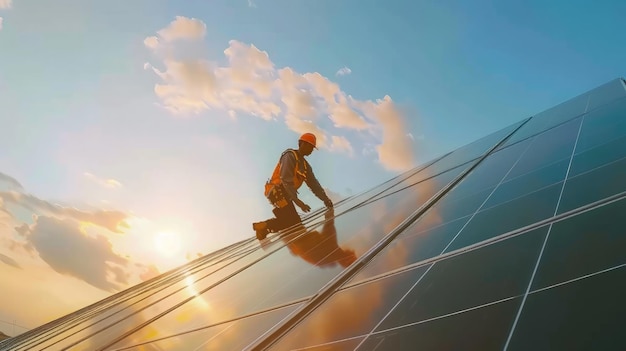 Installing a Solar Cell Workers installing solar cell farm power plant eco technology generative ai