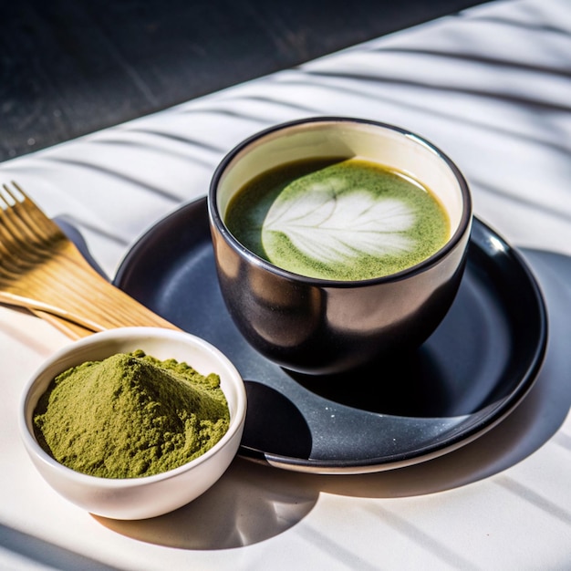 Photo instant matcha green tea with leaf isolated on white background