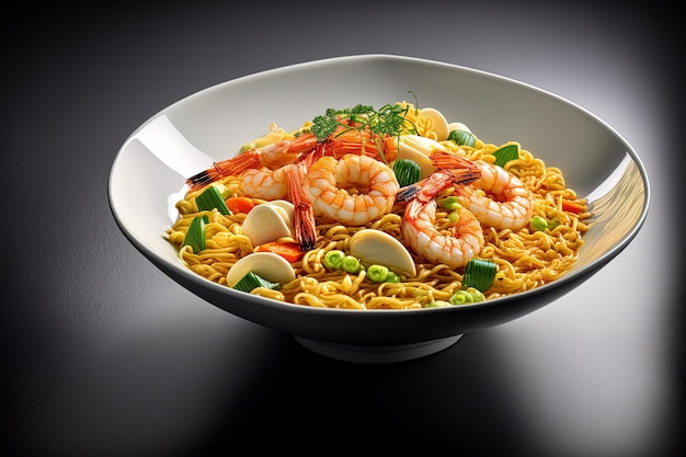 Instant noodles stir fried with prawns and crab sticks in a white dish