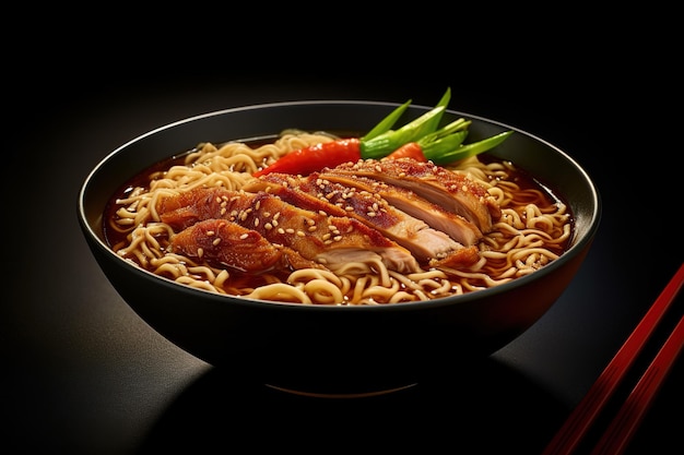 instant noodles with chicken pieces and various topping