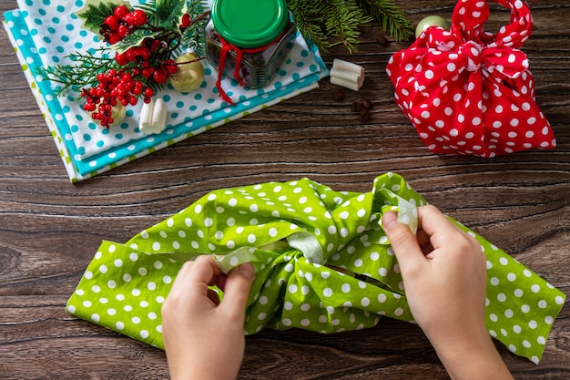 Instruction Furoshiki Japanese traditional gift wrapping demonstration Handmade