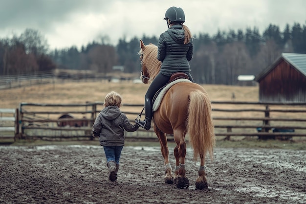 An instructor walks along with a girl riding horses