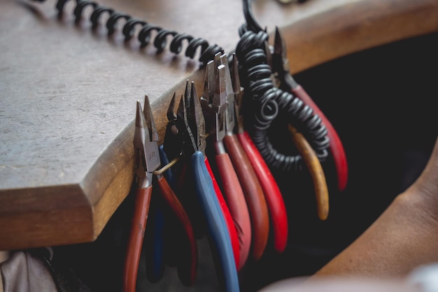 Instruments kit in a large workshop for the manufacture of handmade jewelry