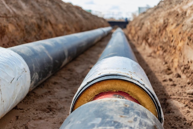 Insulated pipe Large metal pipes with a plastic sheath laid in a trench Modern pipeline for supplying hot water and heating to a residential area