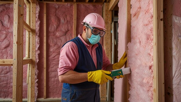 Photo an insulation installer placing pink fiberglass insulation into the walls of a house under construction