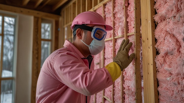 Photo an insulation installer placing pink fiberglass insulation into the walls of a house under construction